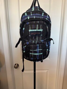 Jansport Black Backpack with Blue and Teal Plaid